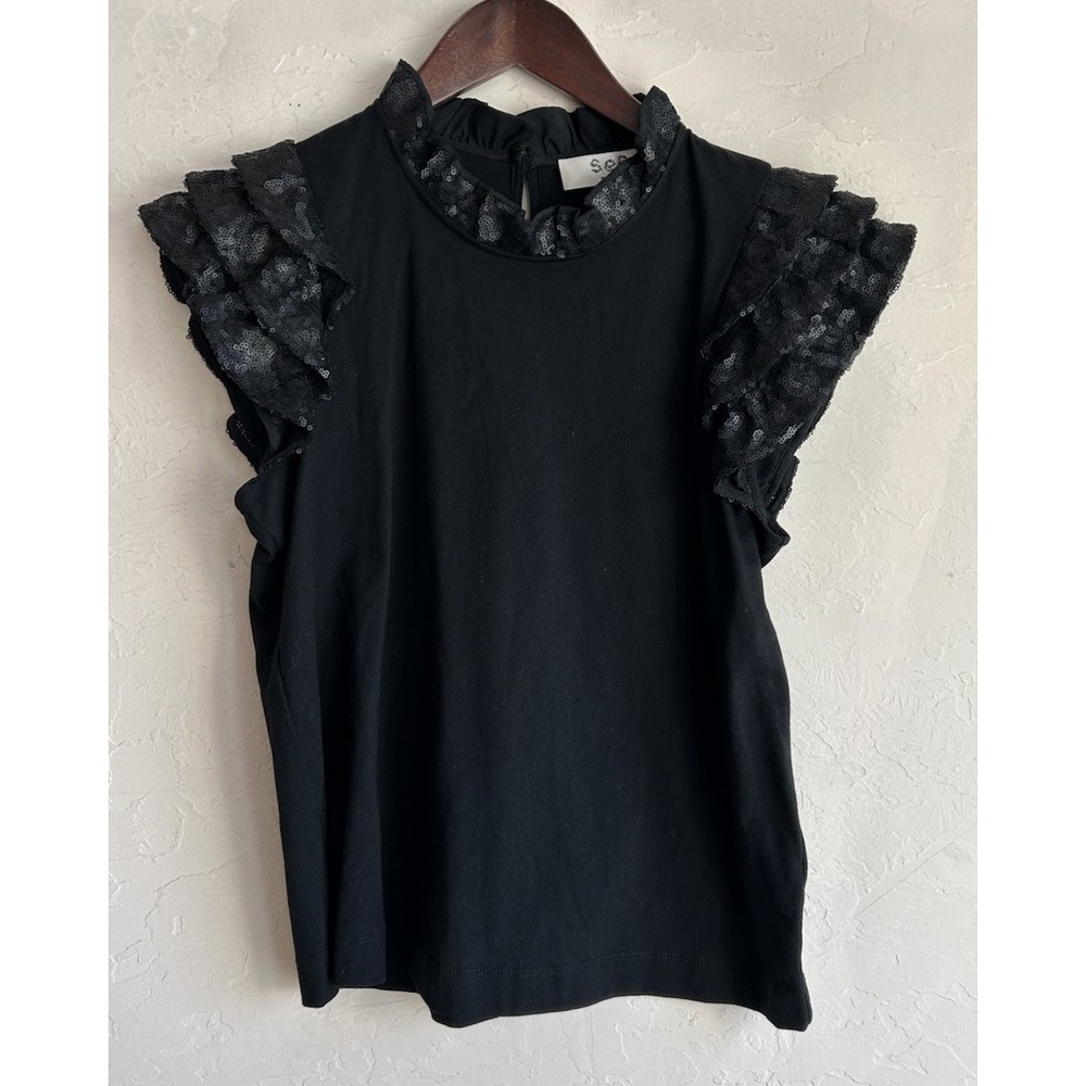 Sea New York Rachelle Black Sequin Flutter Tee Top‎ M NWT Luxury Designer Ruffle